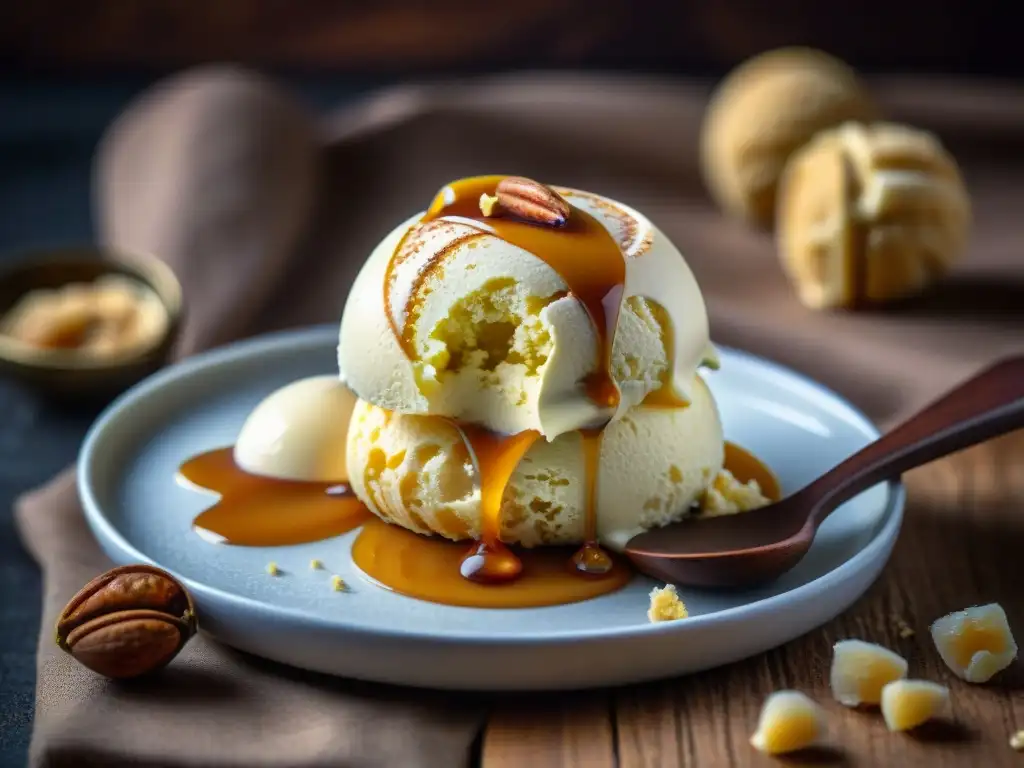 Delicado helado casero italiano: bola de torroncino sobre nougat, nueces y caramelo en un entorno rústico iluminado