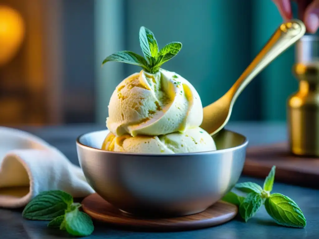 Delicado helado casero italiano con pistachos en cocina rústica