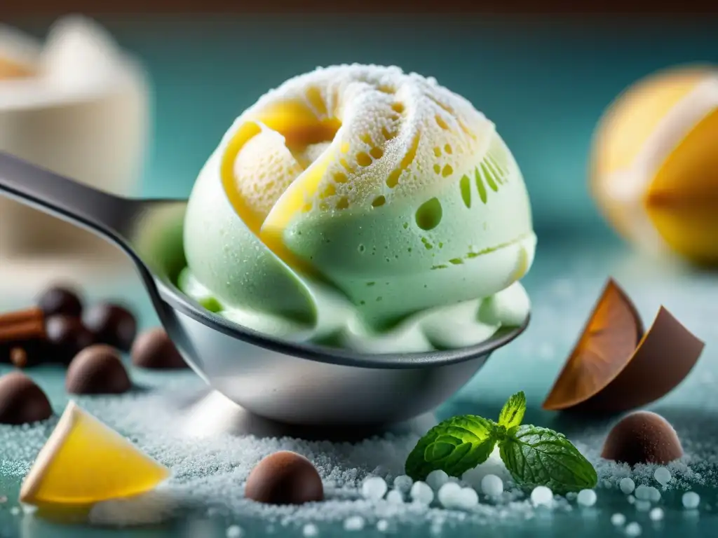 Delicado helado casero rodeado de frutas frescas y hojas de menta, bajo suave luz natural