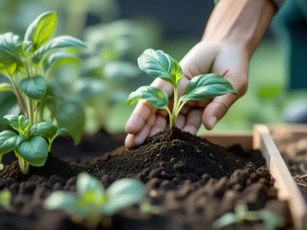 Un delicado huerto urbano: manos plantan plántulas de albahaca en tierra oscura, resaltando raíces