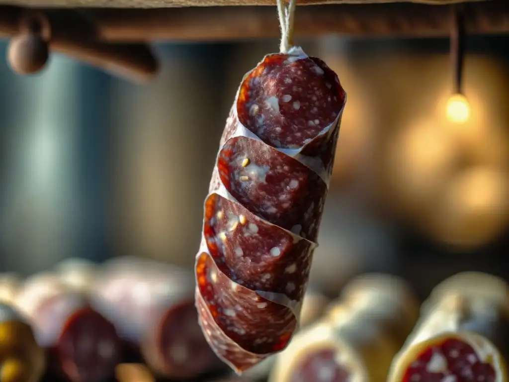 Delicado salami italiano en bodega, mostrando su marbling, moho y colores, evocando la fermentación salami italiano perfecto