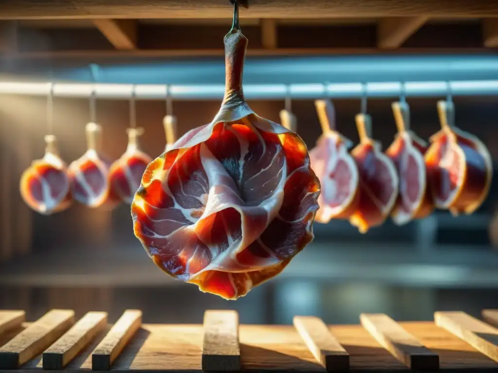 Delicado prosciutto italiano colgando en una cámara de curación, iluminado por una tenue luz