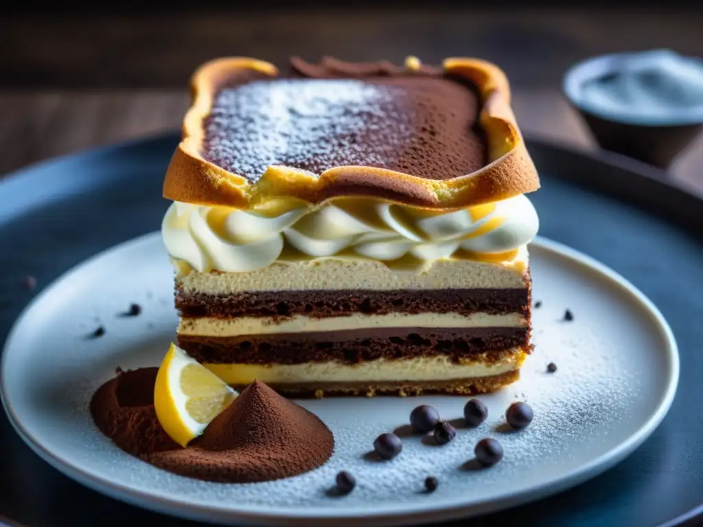 Delicado tiramisú con mascarpone para postres italianos, exquisitamente decorado con cacao en polvo