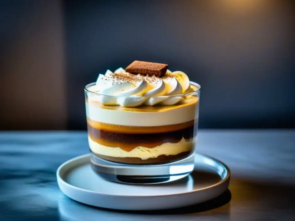 Un delicado montaje de origen y receta del tiramisú con ladyfingers y mascarpone en capas en un recipiente de vidrio