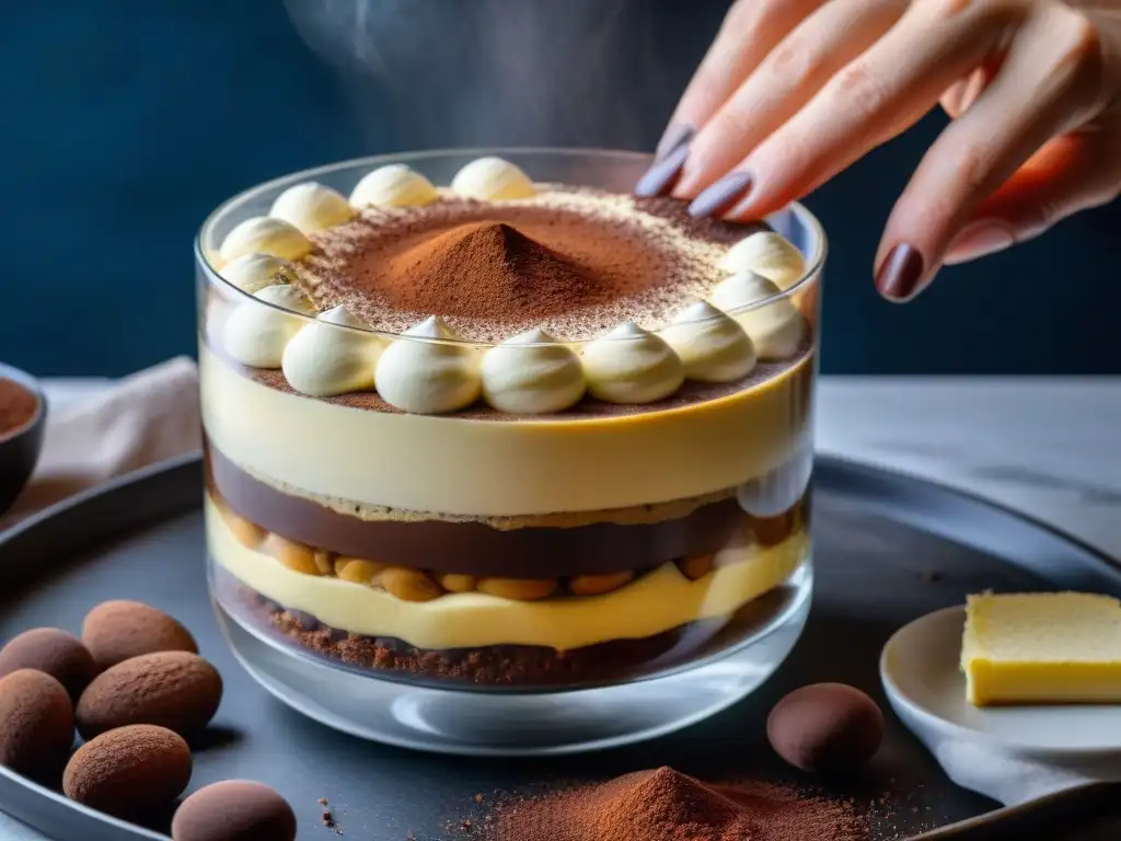 Delicado montaje de un tiramisú italiano tradicional en una cocina bulliciosa