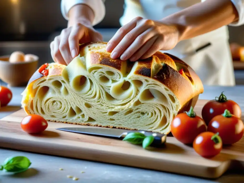 Delicado pan rustico Pane e Pomodoro con ingredientes frescos en una cocina tradicional italiana