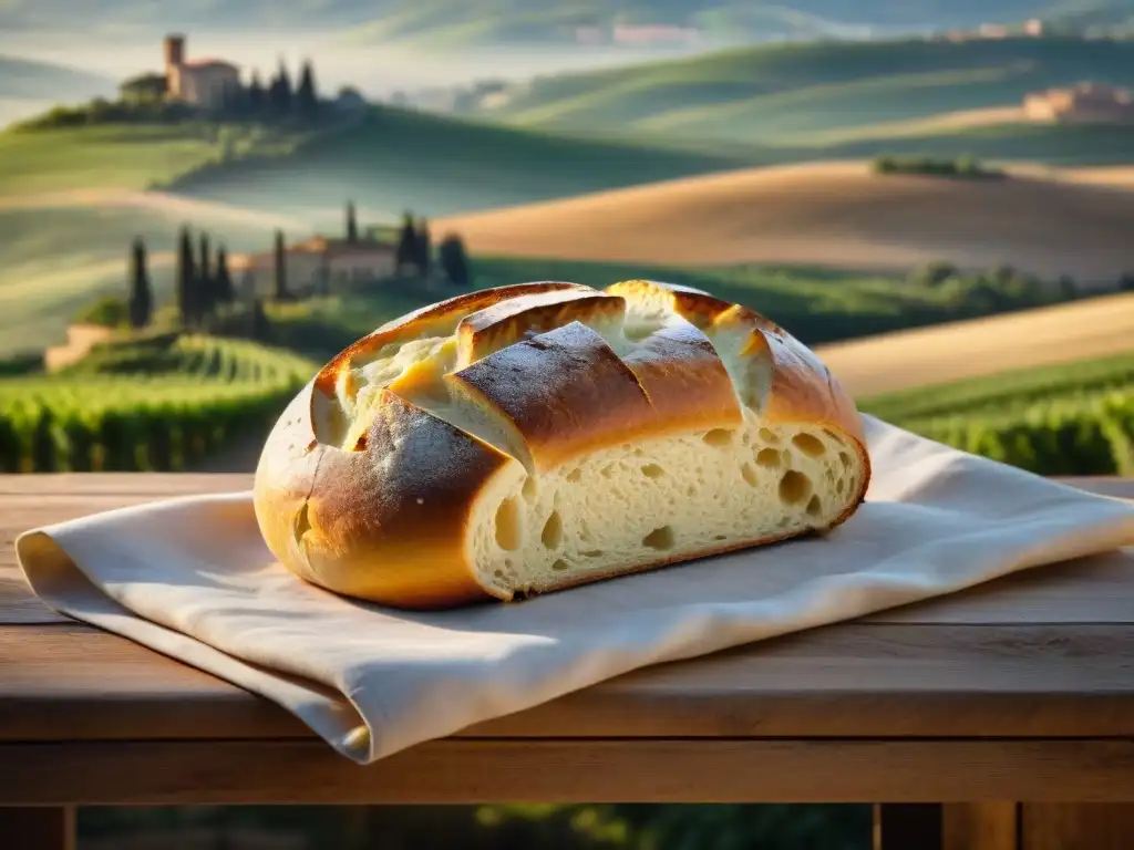 Delicado pan Pane Toscano Toscana en mesa rústica con paisaje toscano al fondo, resaltando su artesanía y tradición