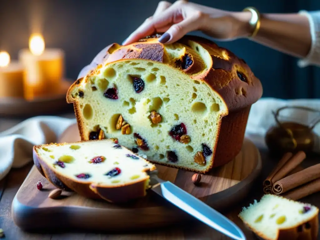 Delicado panettone vegano rebanado en tabla de madera rústica con frutas secas y nueces