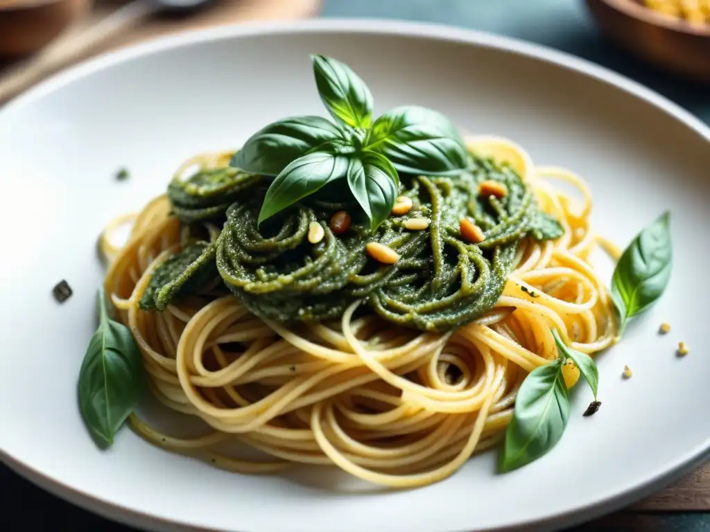 Delicado pesto vegano verde sobre espaguetis al dente, decorado con albahaca y piñones