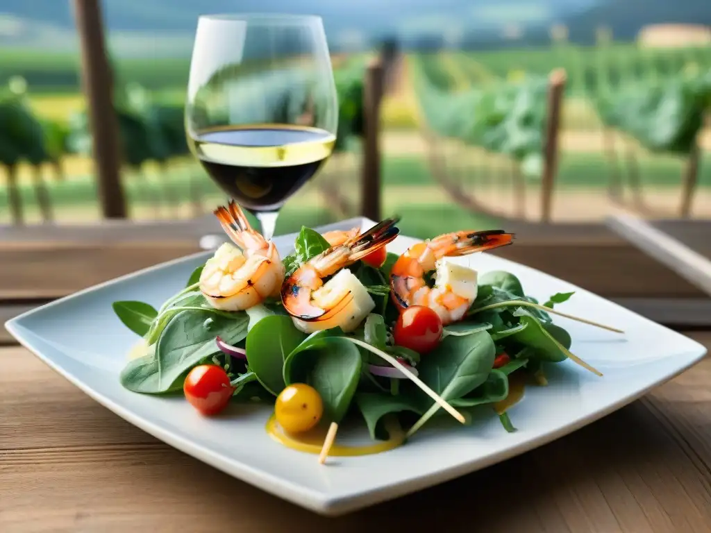 Delicado plato de langostinos a la parrilla con reducción de vino blanco Soave, acompañado de ensalada vibrante