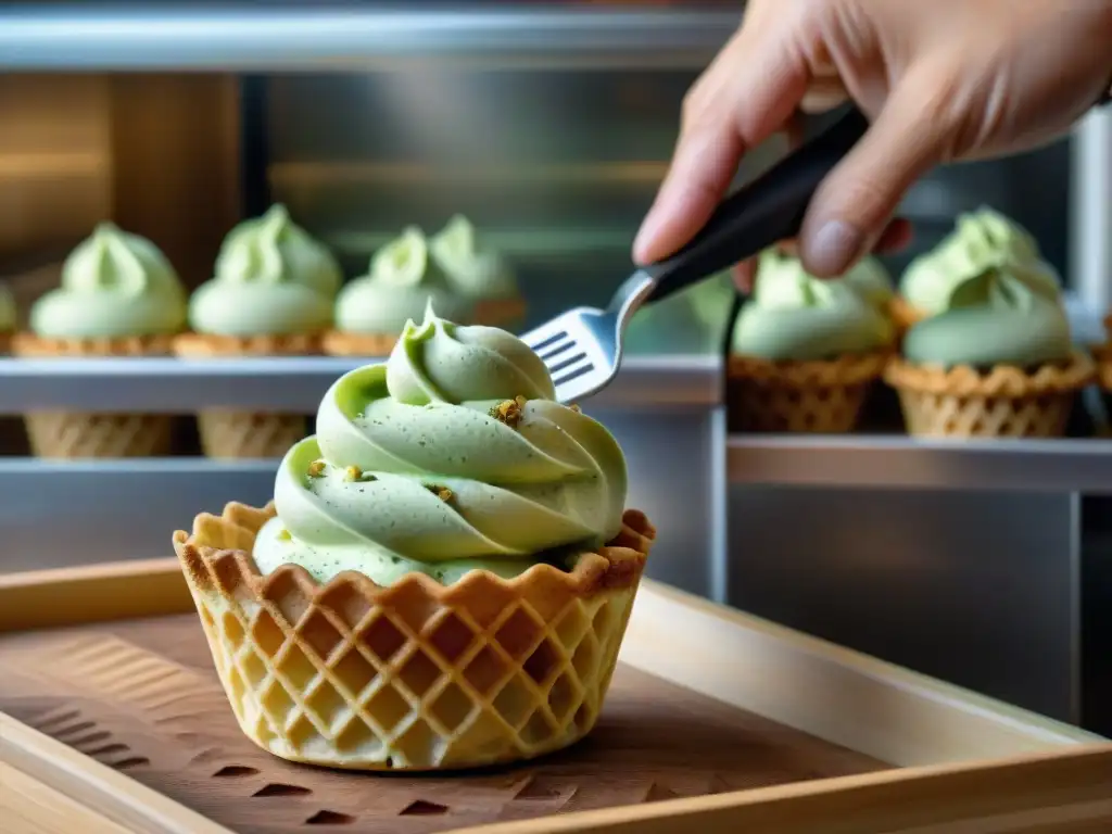 Delicado proceso de elaboración de un cremoso gelato casero tradicional en una cono crujiente en una heladería nostálgica