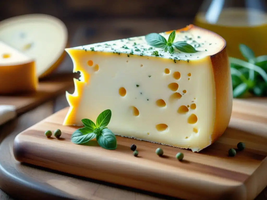 Delicado queso Stracchino italiano con hierbas frescas y pimienta negra en tabla rústica