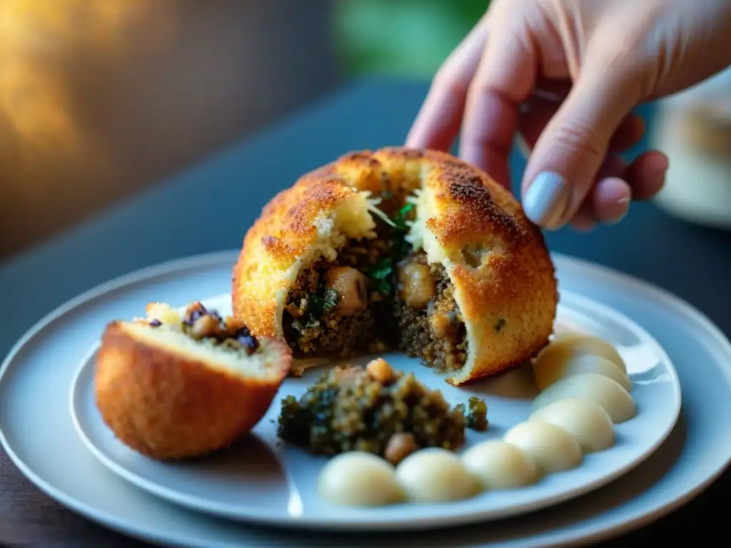 Delicado rebozado de arancini de setas vegetarianos con texturas crujientes y relleno sabroso