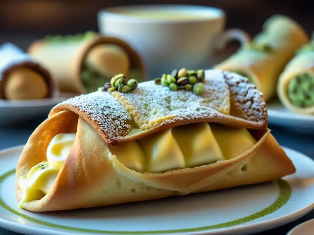 Delicado relleno de cannoli siciliano con crema ricotta, decorado con pistachos, en una pastelería tradicional siciliana