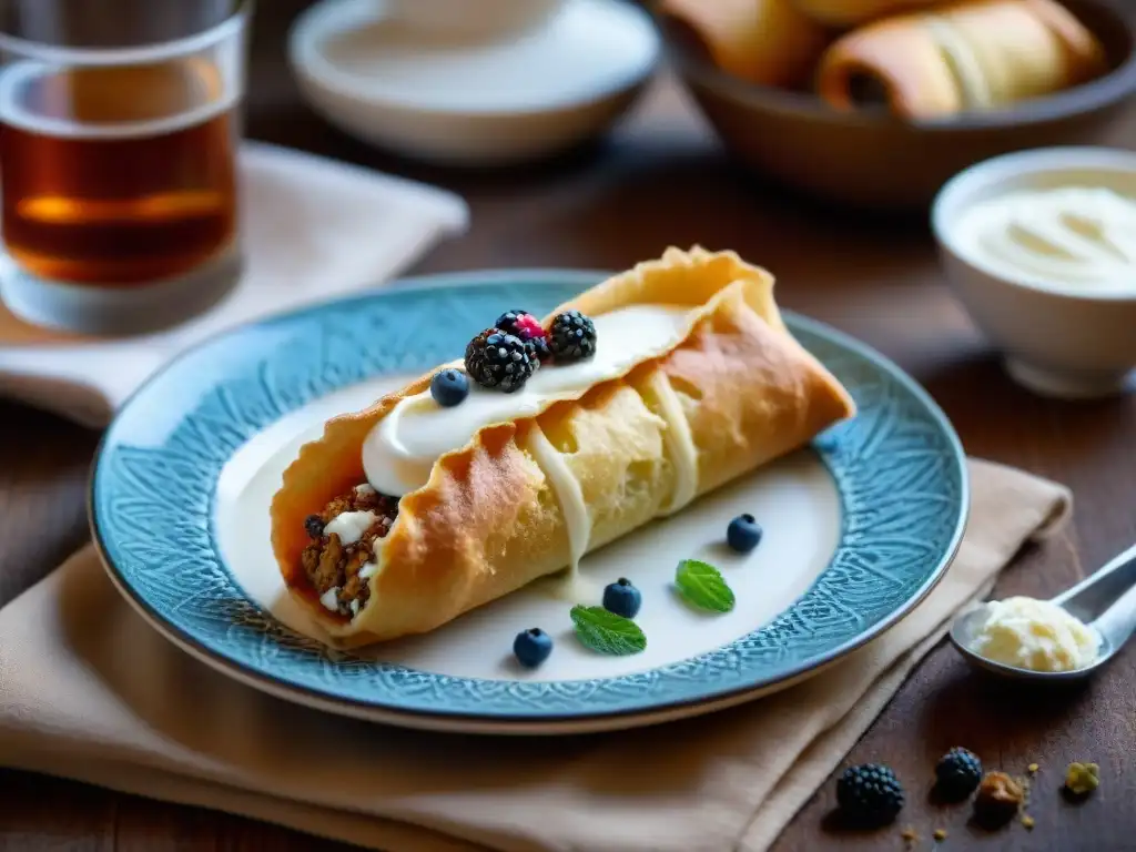 Delicado relleno de crema de ricotta en un cannoli siciliano, mostrando capas crujientes y un ambiente de cocina rústica