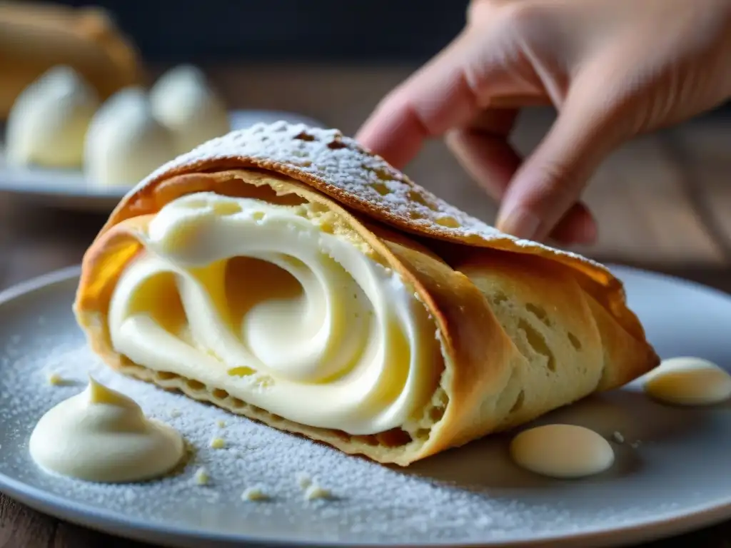 Delicado relleno de ricota en un cannoli recién horneado, resaltando innovaciones en cannoli siciliano