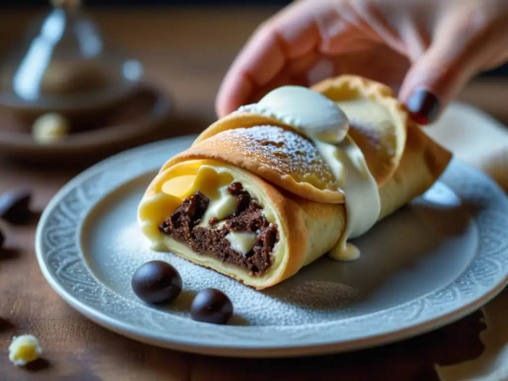 Delicado relleno de cannoli vegano en auténtica escena siciliana con ricotta vegetal