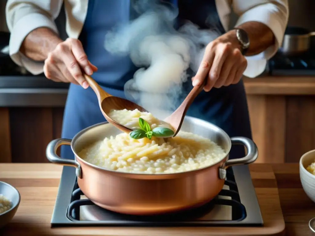 Delicado risotto en cocina italiana: arroz Arborio brillante, vapor, manos del chef experto