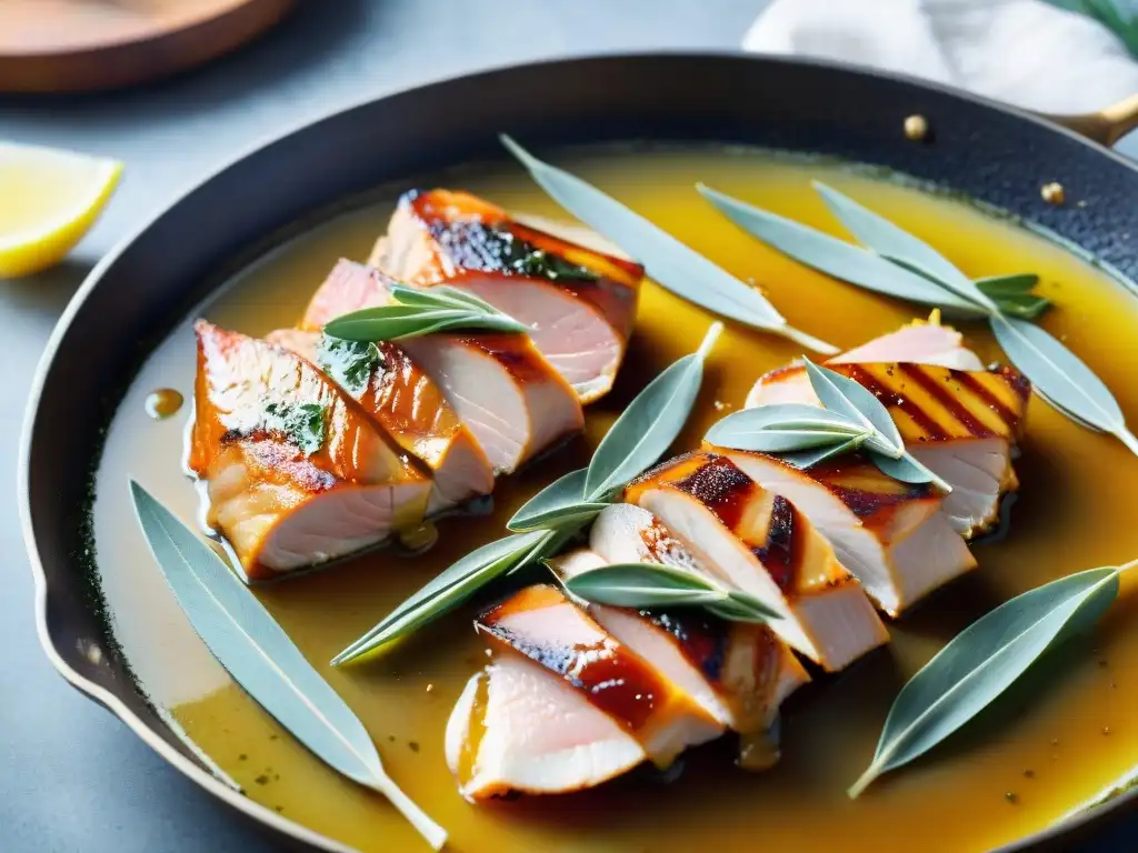 Delicado saltimbocca de pollo envuelto en prosciutto, dorado y brillante en una sartén