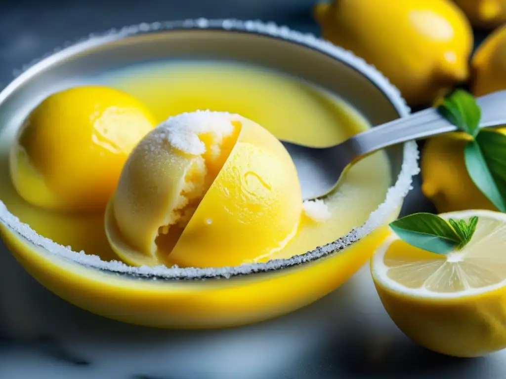 Delicado Sorbetto al limone amarillo refrescante postre italiano con textura suave y ralladura de limón, glistening y cristales de hielo