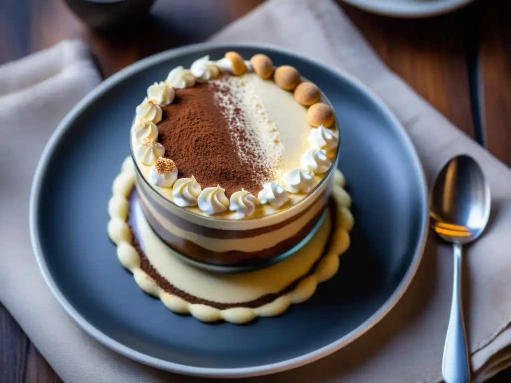 Delicado tiramisú decorado con cacao, rodeado de tazas de café y una cafetera Moka, representando la cafetería en repostería italiana tradicional