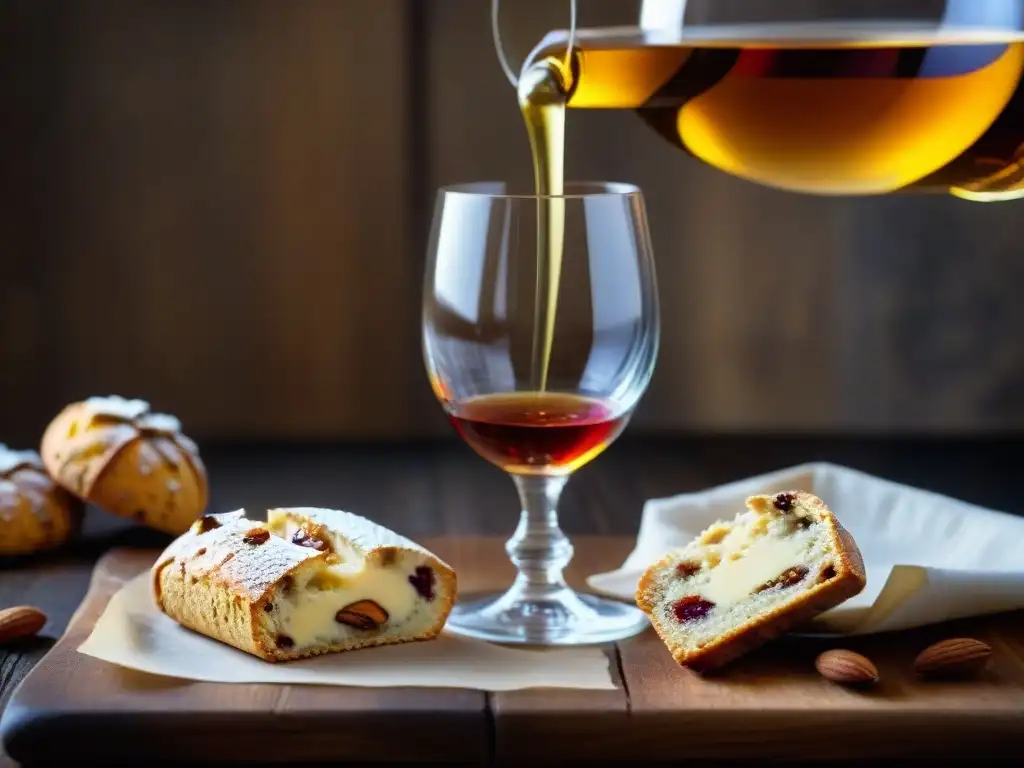 Dulce tentación: Cantuccini y Vin Santo en Toscana Delicado biscotti toscano sumergido en Vin Santo dorado en mesa rústica, evocando calidez y tradición