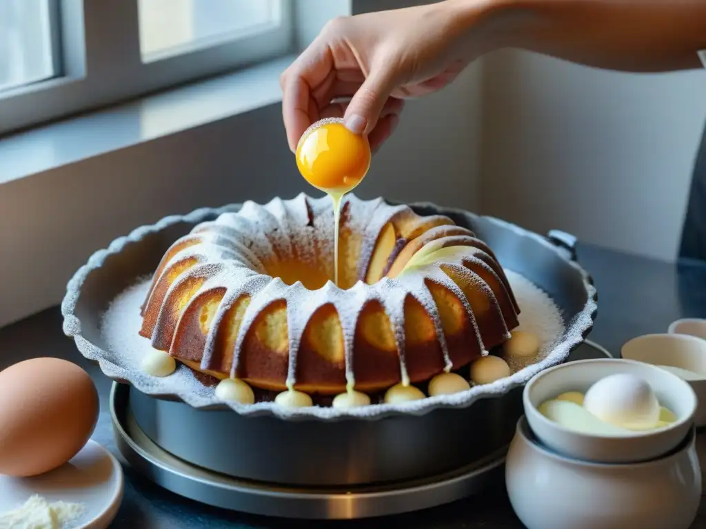 Un delicado vertido de masa para ciambellone en molde circular, resaltando la textura y consistencia