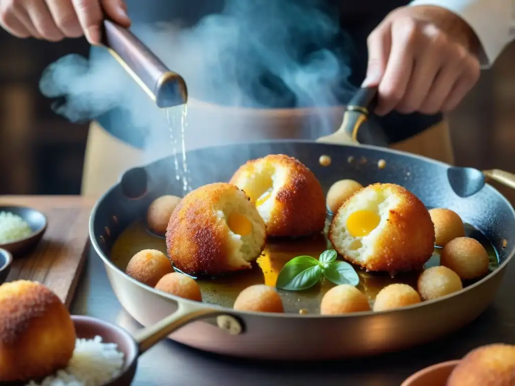 Delicados arancini sicilianos dorados y crujientes, fritos en aceite caliente