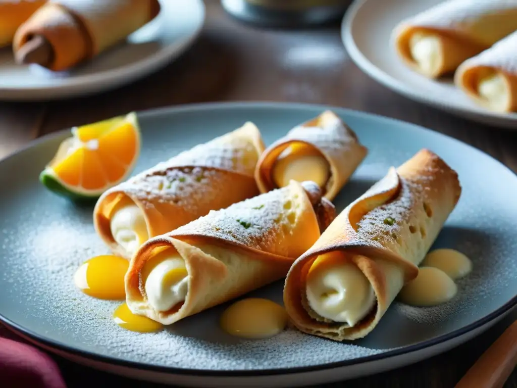 Delicados cannoli sicilianos llenos de crema de ricotta, con influencia árabe en cocina siciliana