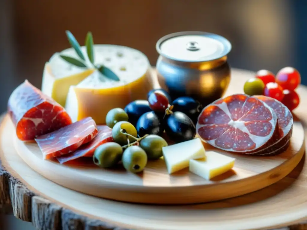 Delicados fermentados italianos en una tabla rústica, resaltando texturas y colores de la cocina tradicional