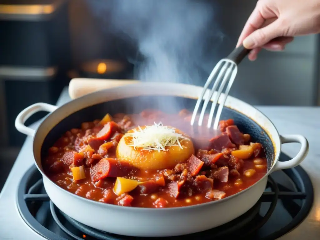 Deliciosa salsa amatriciana casera burbujeando en una olla rústica, con ingredientes tradicionales y vibrante color rojo