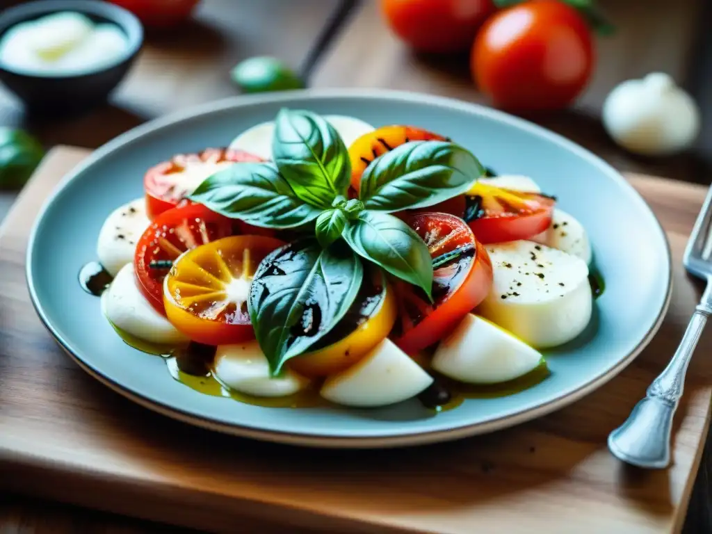 Una deliciosa y auténtica receta de ensalada caprese con tomate, mozzarella, albahaca y aceite de oliva