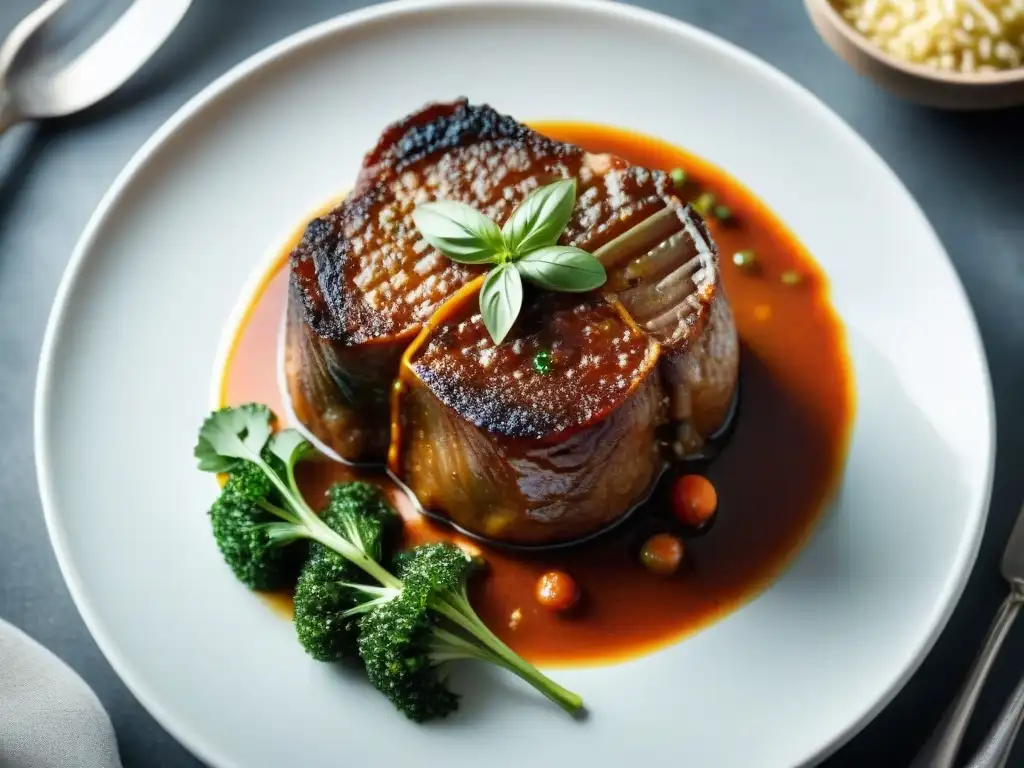 Deliciosa cocción a baja temperatura de osso buco italiano, con gremolata, en plato artesanal