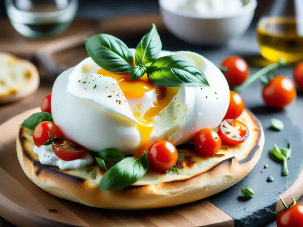 Deliciosa burrata en comida rápida: pizza con queso cremoso, albahaca fresca y tomates cherry