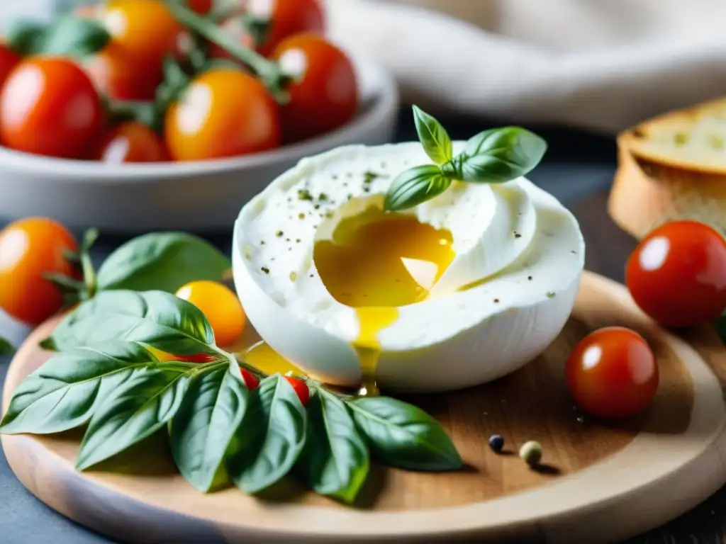 Deliciosa burrata recién cortada con aceite de oliva y tomates cherry sobre tabla rústica