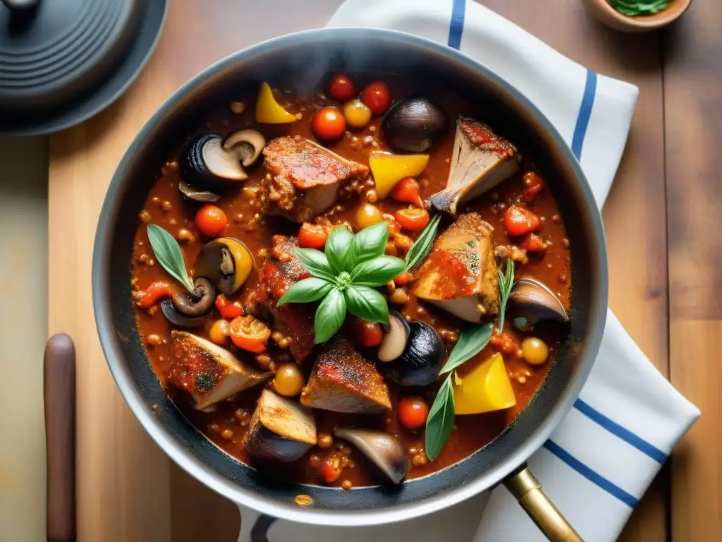 Deliciosa cacciatore receta tradicional italiana en olla rústica sobre estufa vintage