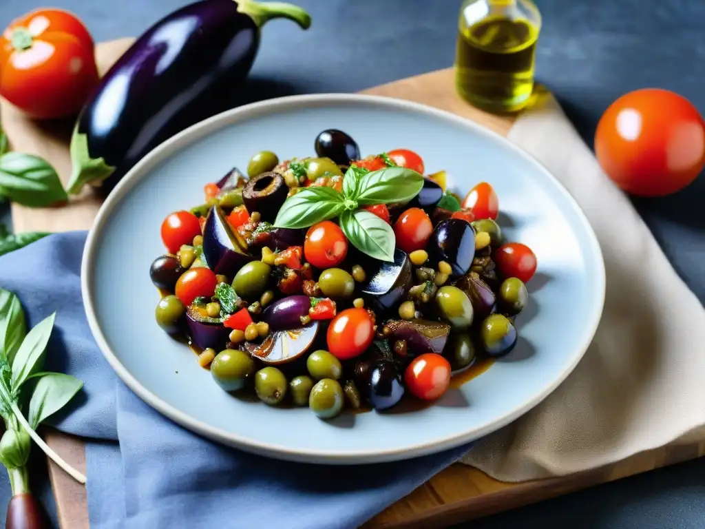 Deliciosa Caponata italiana en plato rústico con berenjenas frescas y coloridas