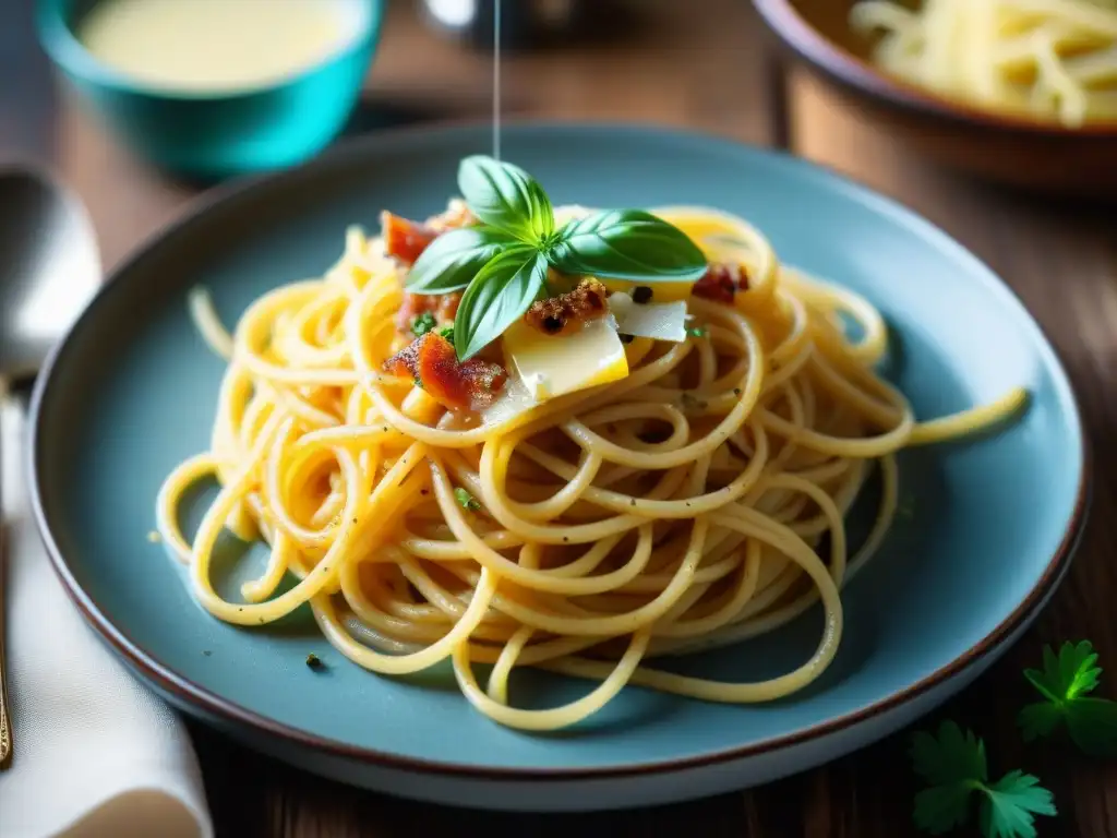 Una deliciosa carbonara italiana con pasta al dente, salsa cremosa, panceta crujiente y queso, servida en un plato de cerámica sobre mesa de madera