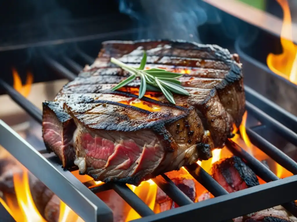 Deliciosa carne asada italiana en horno de leña, con llamas y hierbas frescas, evocando una experiencia culinaria única