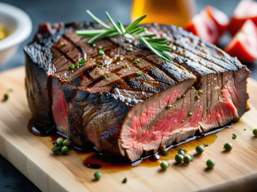 Deliciosa carne sous vide cocida a baja temperatura con hierbas frescas en tabla de madera