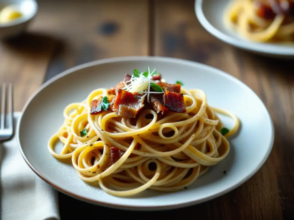Deliciosa carbonara casera: pasta cremosa y queso parmesano Deliciosa carbonara casera en plato rústico, con salsa cremosa, panceta crujiente y queso Parmesano