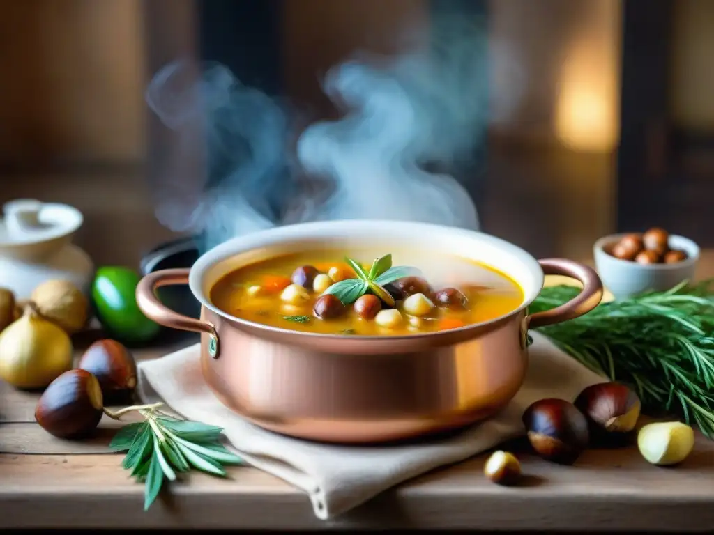 Deliciosa Sopa de Castañas italiana receta en cocina rústica con luz natural