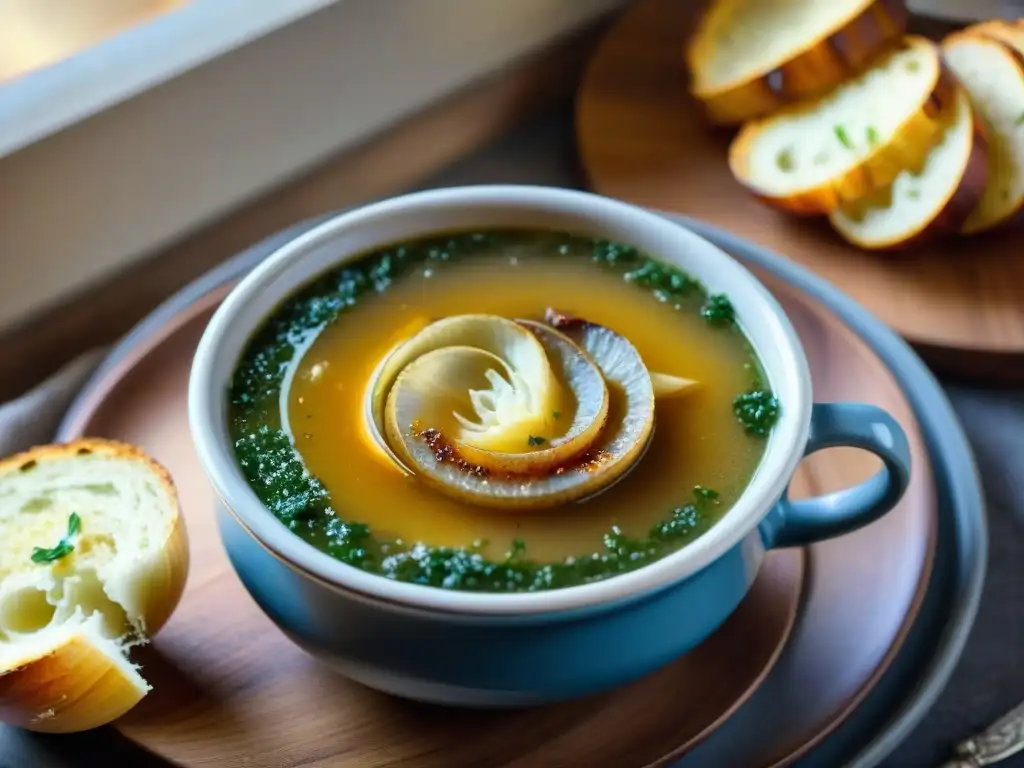 Deliciosa sopa de cebolla italiana con crujientes croutones y queso parmesano derretido