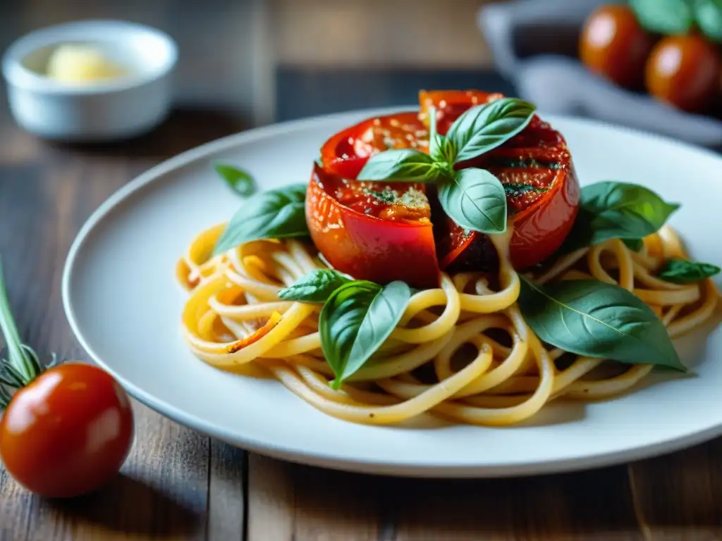 Deliciosa cocina italiana: plato tradicional con colores vibrantes y sabores tentadores en una mesa rústica