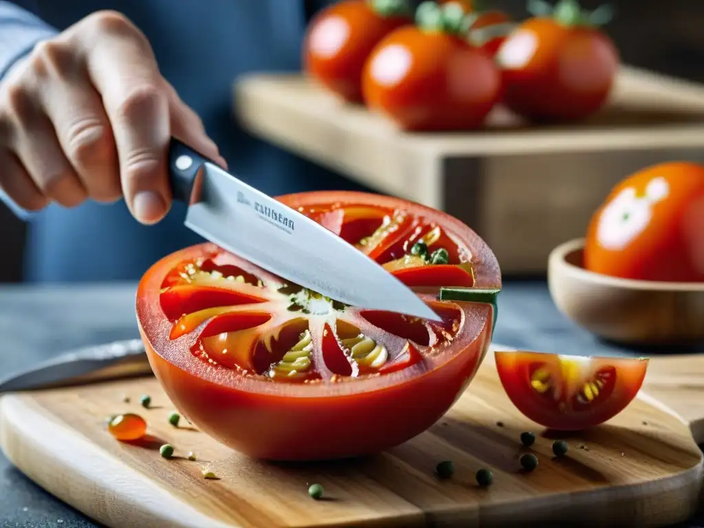 Deliciosa cocina italiana: tomate rojo siendo cortado en tabla de madera, jugos y semillas expuestos, creando una escena apetitosa