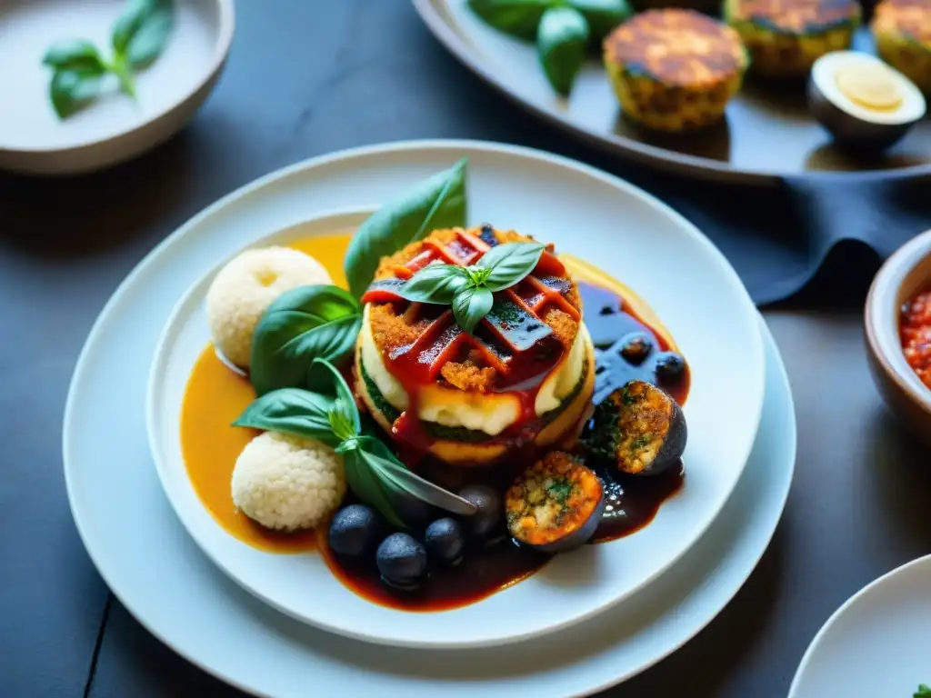 Deliciosa cocina italiana vegana: lasaña, arancini y verduras a la parrilla con balsámico