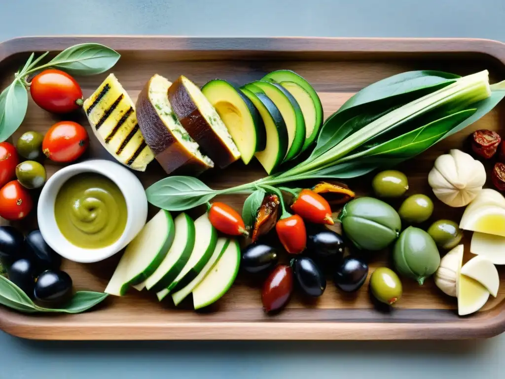 Una deliciosa y colorida variedad de antipasti vegetarianos, resaltando sabores italianos en una tabla rústica de madera