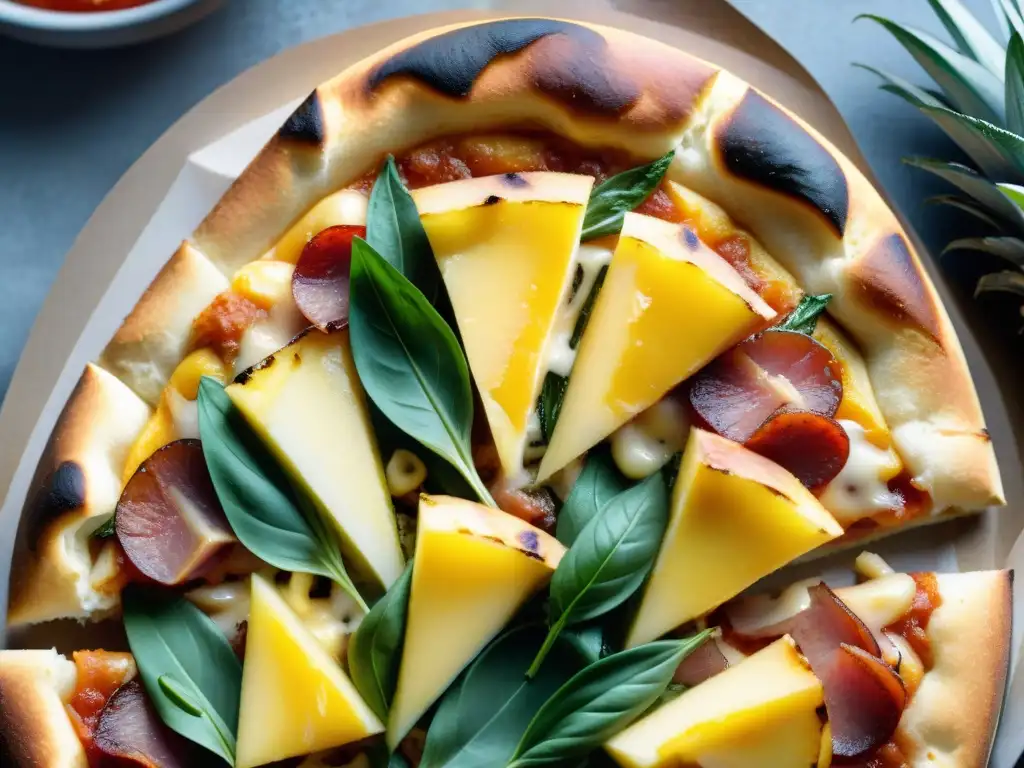 Deliciosa controversia: pizza hawaiana con jamón, piña y albahaca, recién horneada en cocina italiana