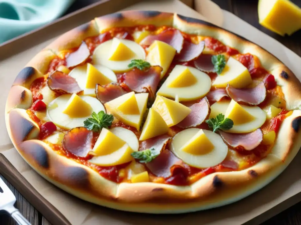 Deliciosa controversia: Pizza Hawaiana recién horneada con queso fundido, jamón, piña y orégano en una mesa de madera rústica