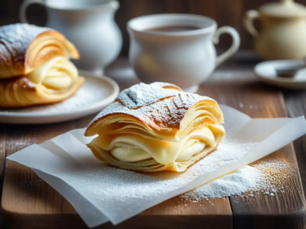 Deliciosa sfogliatella con crema de ricotta y azúcar glas, en una panadería típica del sur de Italia